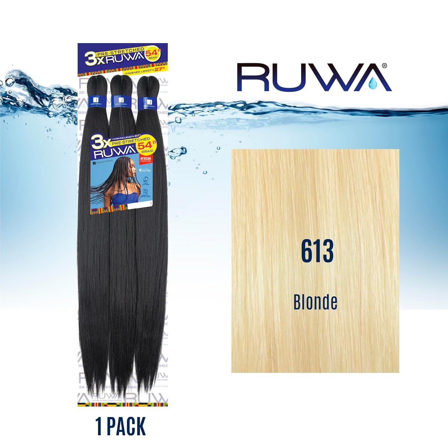 imageSensationnel Ruwa prestretched braiding hair 3x 54 inch water repellent kanekalon fast dry synthetic sports itch free 1 pack 1 JETBLACK613 BLONDE