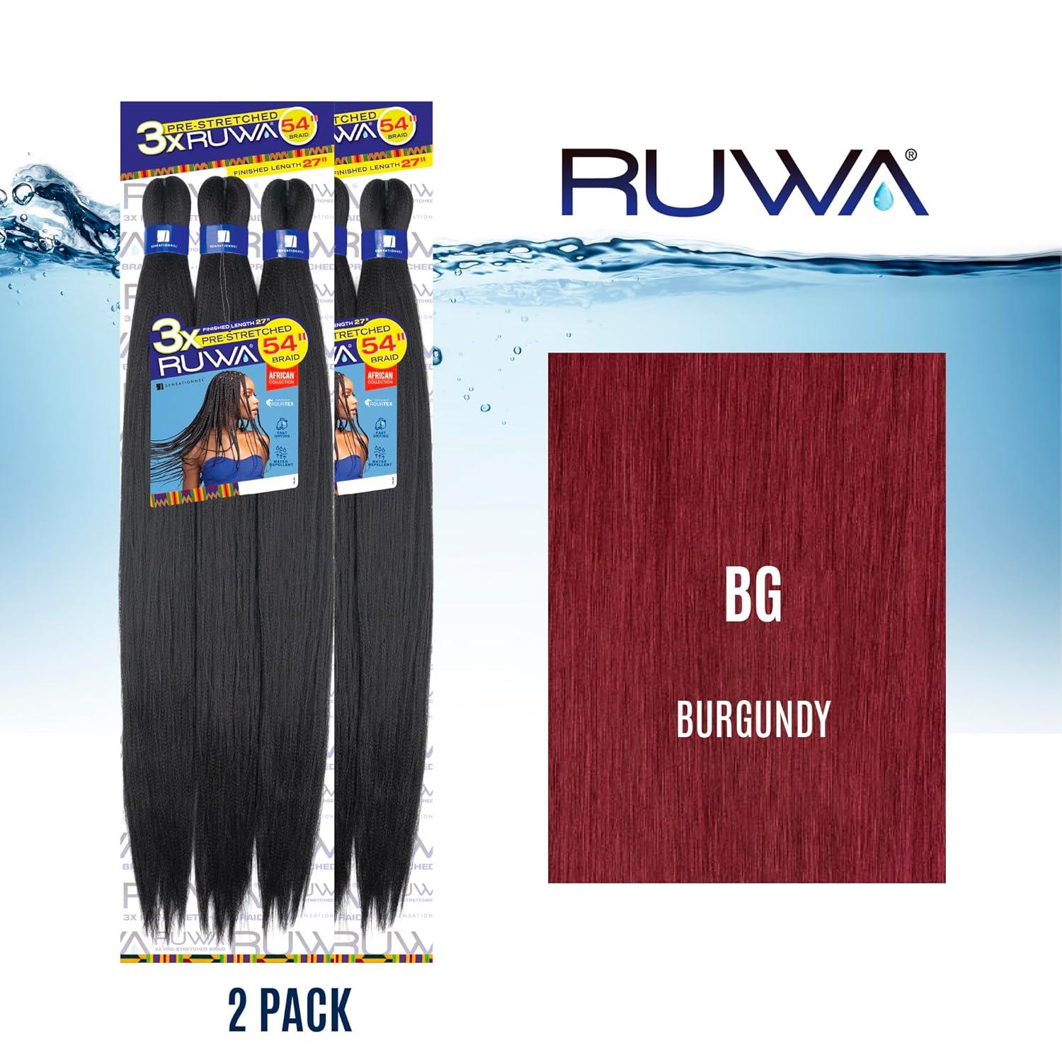 imageSensationnel Ruwa prestretched braiding hair 3x 54 inch water repellent kanekalon fast dry synthetic sports itch free 1 pack 1 JETBLACKBG BURGANDY
