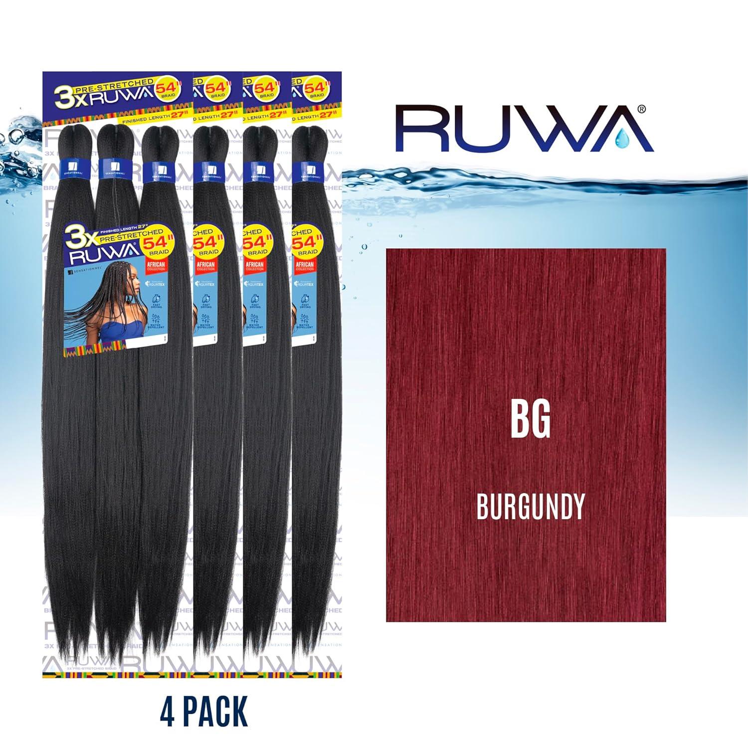 imageSensationnel Ruwa prestretched braiding hair 3x 54 inch water repellent kanekalon fast dry synthetic sports itch free 1 pack 1 JETBLACKBG BURGANDY