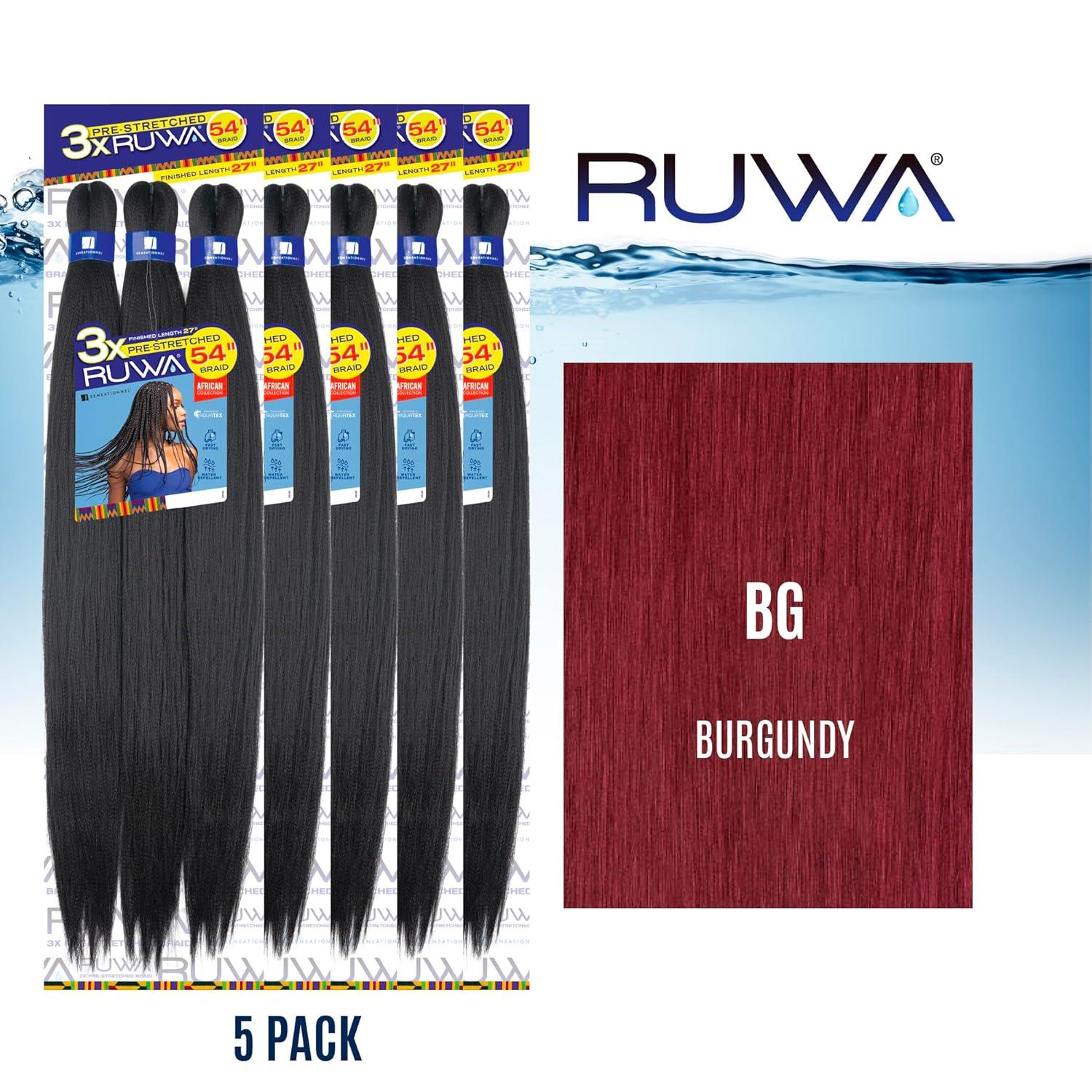 imageSensationnel Ruwa prestretched braiding hair 3x 54 inch water repellent kanekalon fast dry synthetic sports itch free 1 pack 1 JETBLACKBG BURGANDY
