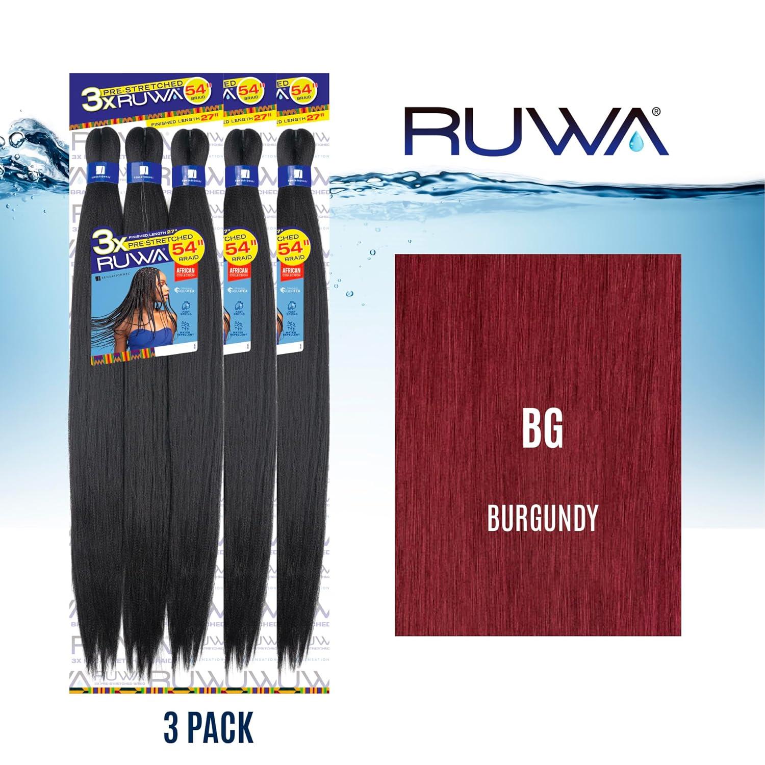 imageSensationnel Ruwa prestretched braiding hair 3x 54 inch water repellent kanekalon fast dry synthetic sports itch free 1 pack 1 JETBLACKBG BURGANDY
