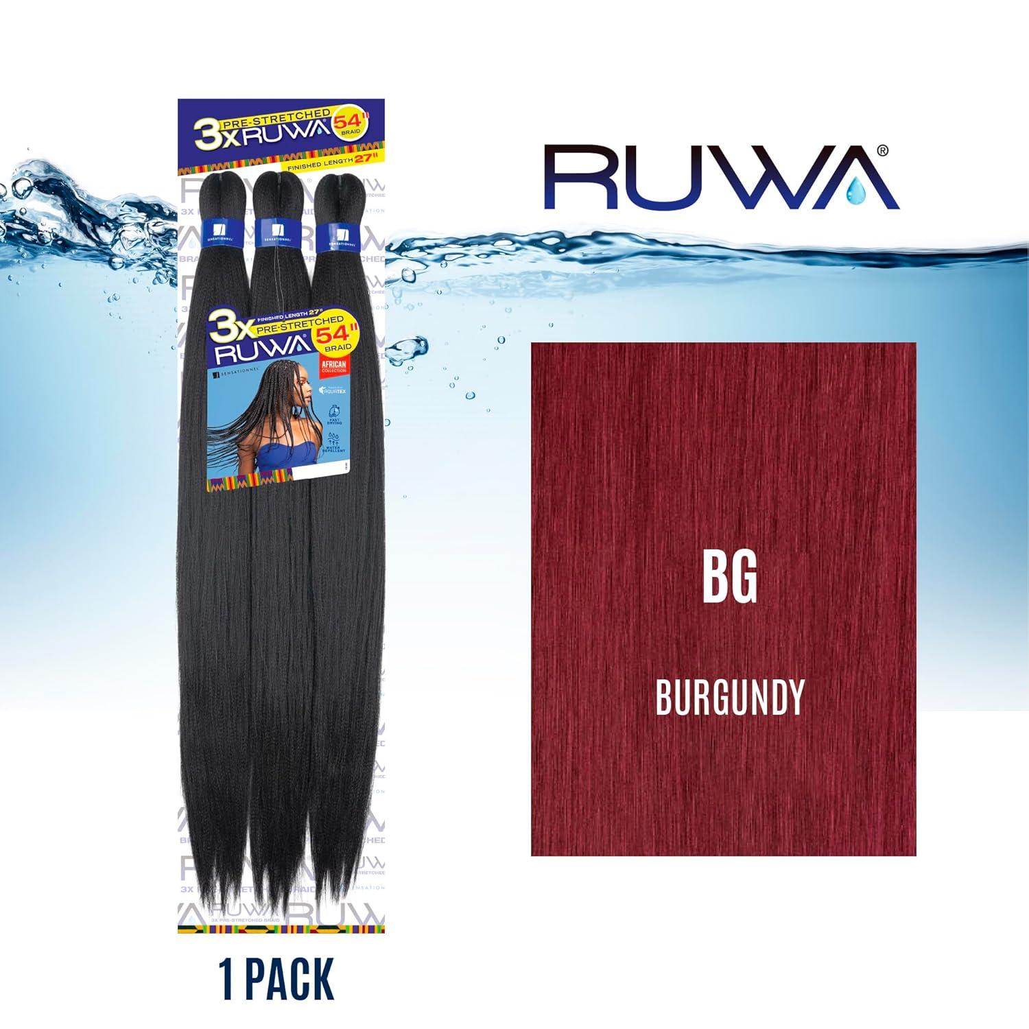 imageSensationnel Ruwa prestretched braiding hair 3x 54 inch water repellent kanekalon fast dry synthetic sports itch free 1 pack 1 JETBLACKBG BURGANDY