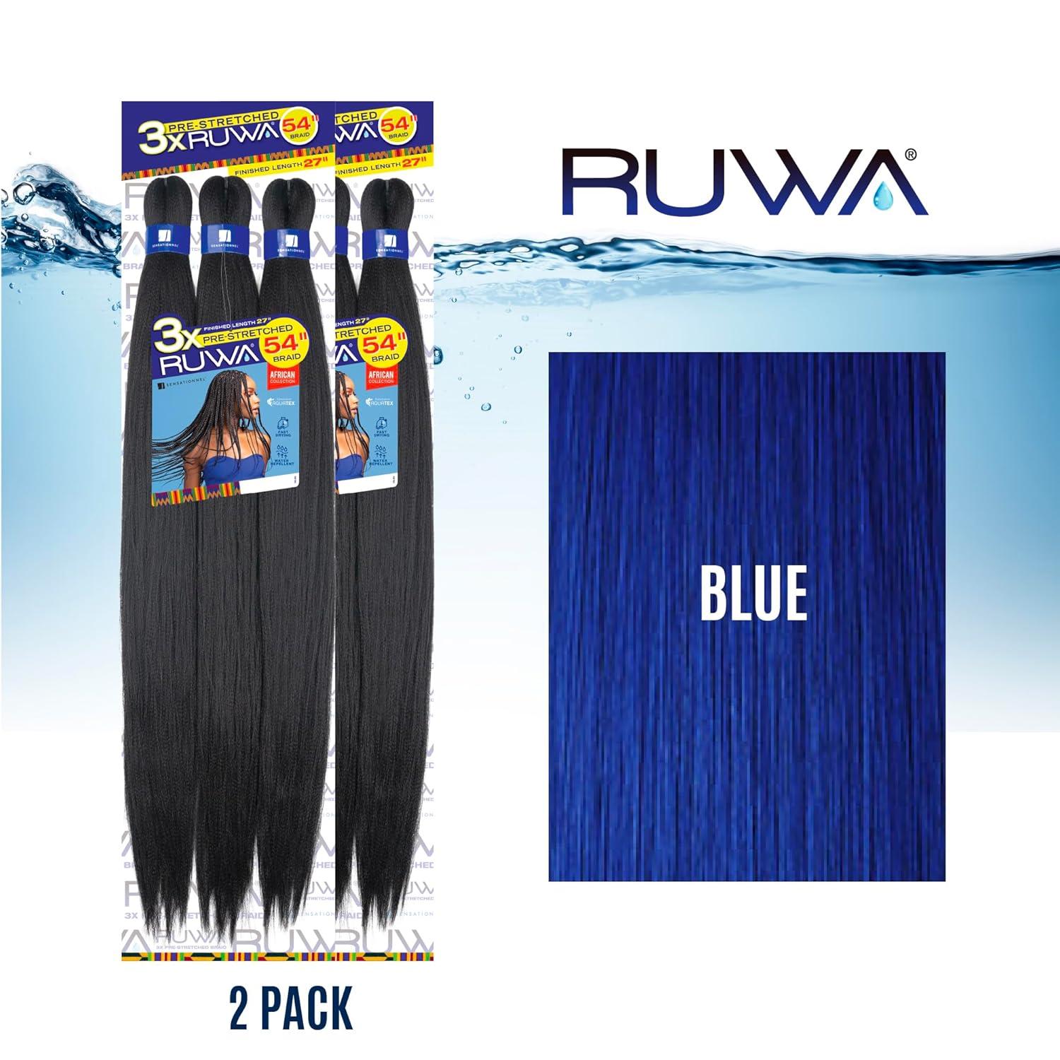 imageSensationnel Ruwa prestretched braiding hair 3x 54 inch water repellent kanekalon fast dry synthetic sports itch free 1 pack 1 JETBLACKBLUE