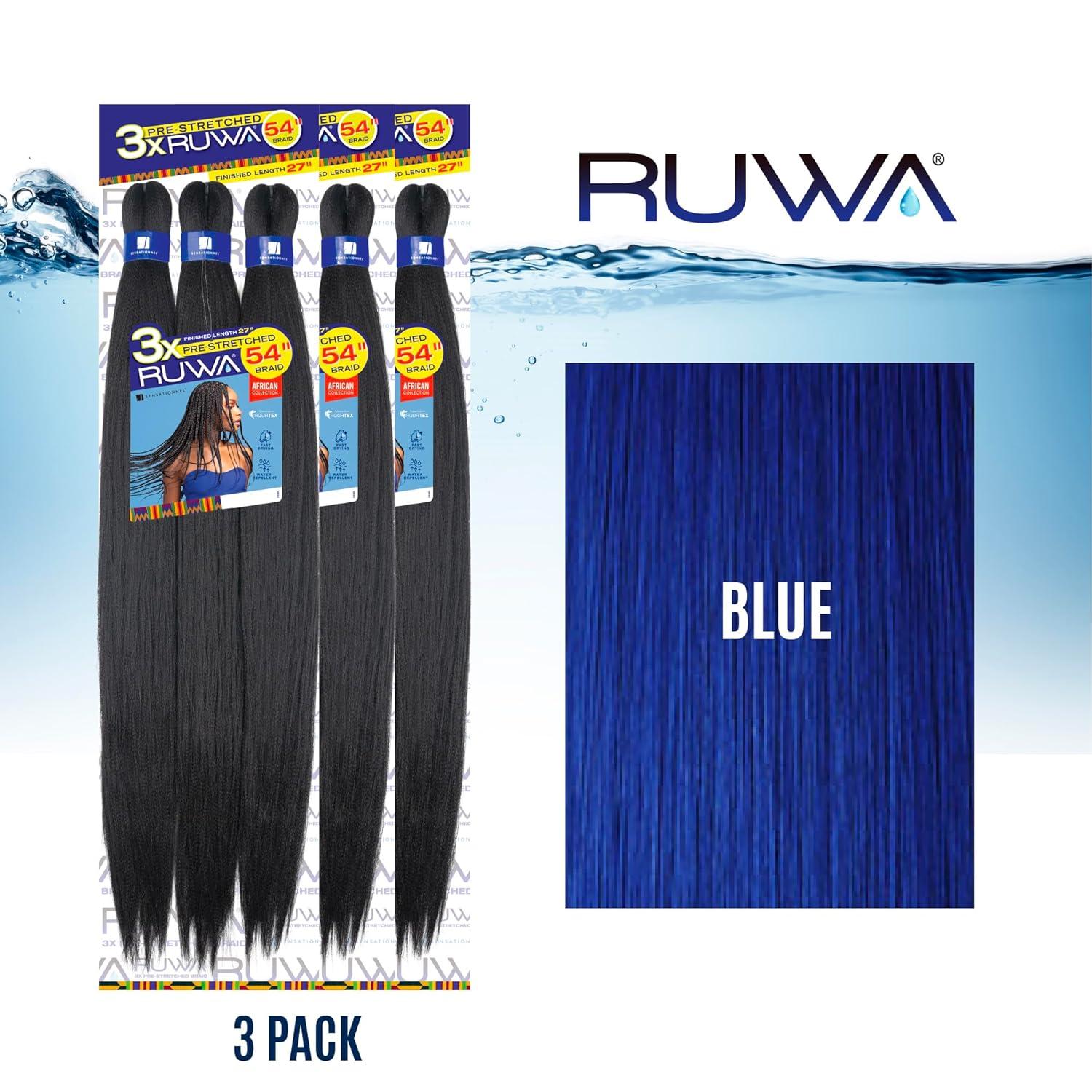 imageSensationnel Ruwa prestretched braiding hair 3x 54 inch water repellent kanekalon fast dry synthetic sports itch free 1 pack 1 JETBLACKBLUE