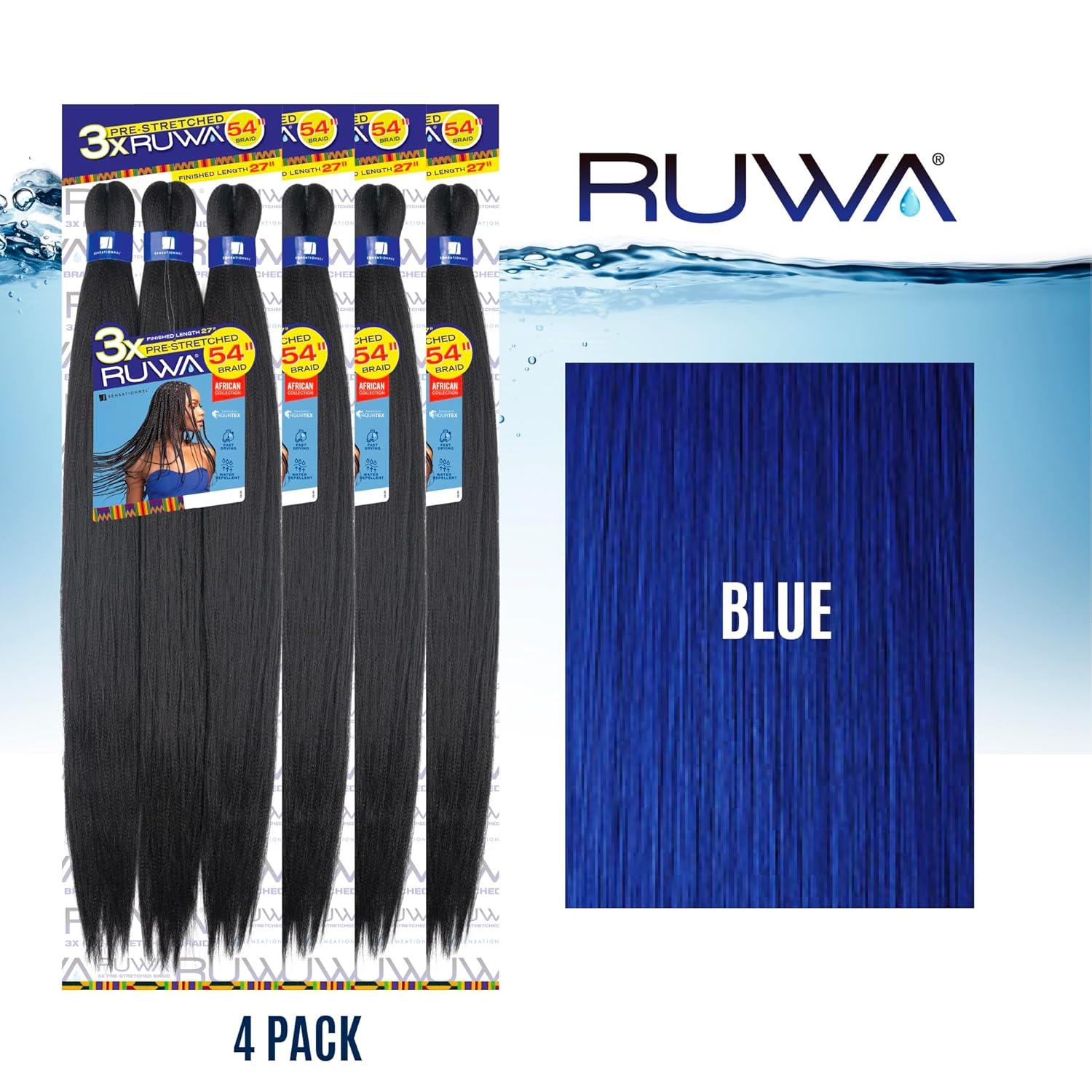 imageSensationnel Ruwa prestretched braiding hair 3x 54 inch water repellent kanekalon fast dry synthetic sports itch free 1 pack 1 JETBLACKBLUE