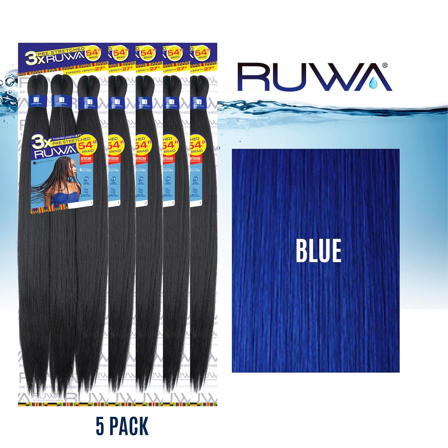 imageSensationnel Ruwa prestretched braiding hair 3x 54 inch water repellent kanekalon fast dry synthetic sports itch free 1 pack 1 JETBLACKBLUE