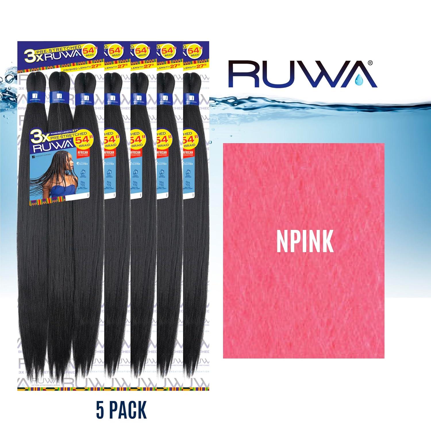 imageSensationnel Ruwa prestretched braiding hair 3x 54 inch water repellent kanekalon fast dry synthetic sports itch free 1 pack 1 JETBLACKNPINK