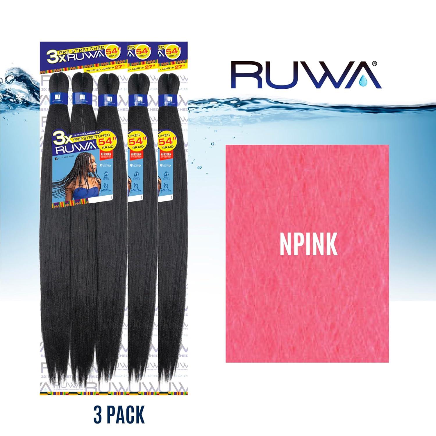 imageSensationnel Ruwa prestretched braiding hair 3x 54 inch water repellent kanekalon fast dry synthetic sports itch free 1 pack 1 JETBLACKNPINK
