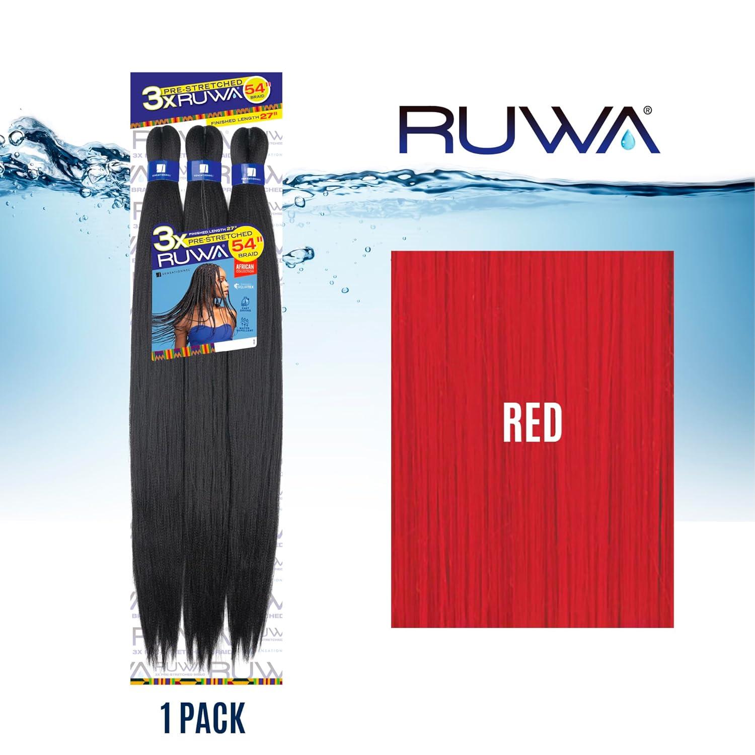 imageSensationnel Ruwa prestretched braiding hair 3x 54 inch water repellent kanekalon fast dry synthetic sports itch free 1 pack 1 JETBLACKRED