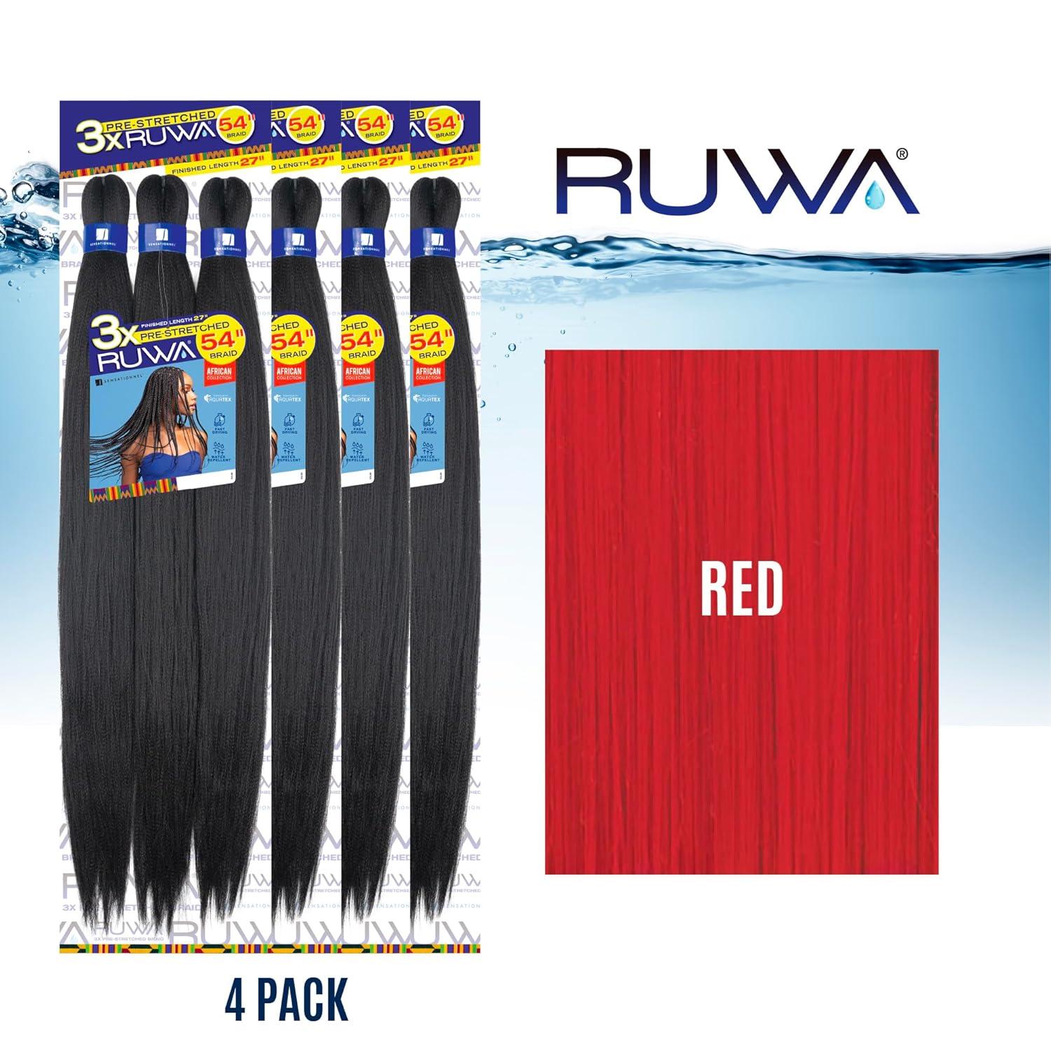 imageSensationnel Ruwa prestretched braiding hair 3x 54 inch water repellent kanekalon fast dry synthetic sports itch free 1 pack 1 JETBLACKRED