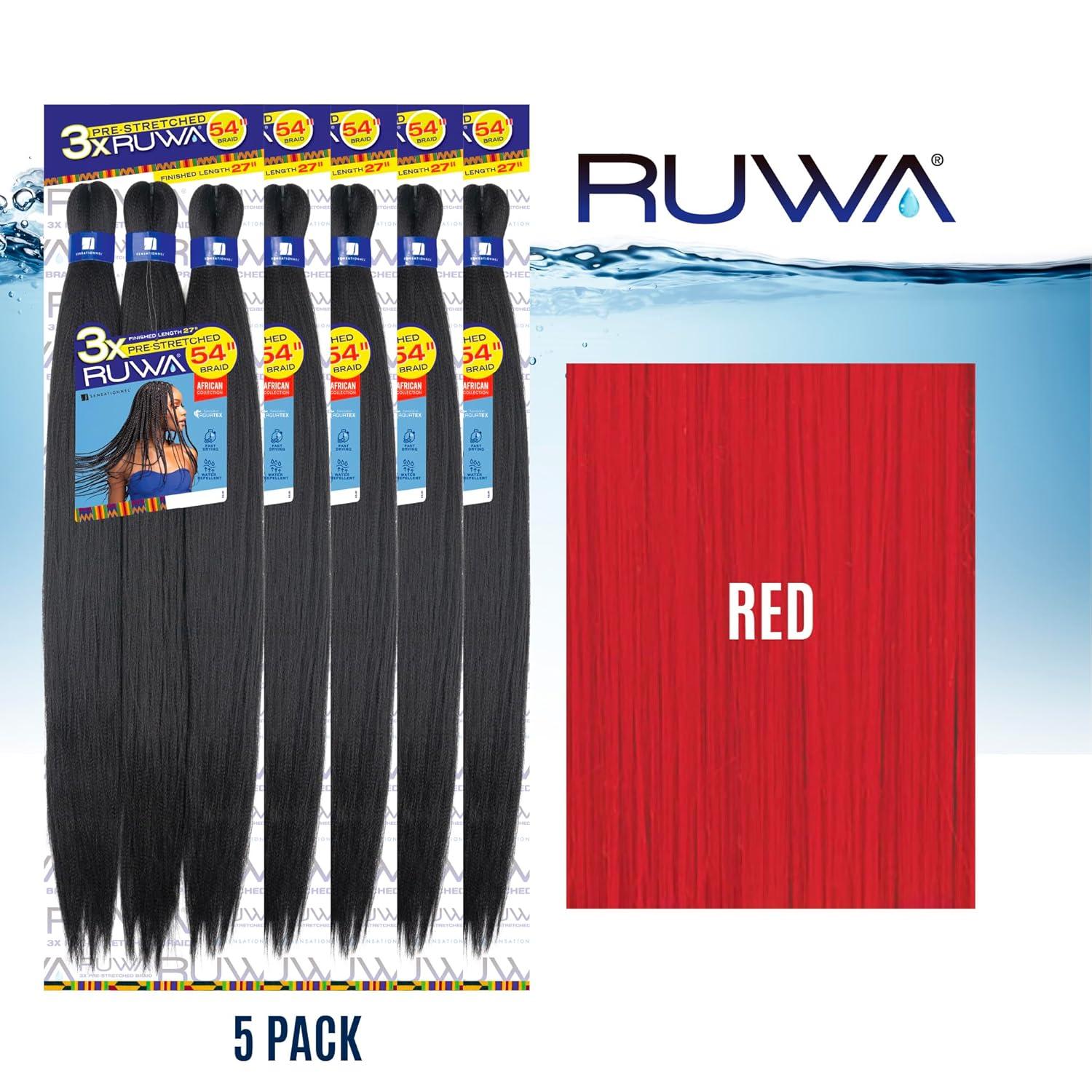 imageSensationnel Ruwa prestretched braiding hair 3x 54 inch water repellent kanekalon fast dry synthetic sports itch free 1 pack 1 JETBLACKRED