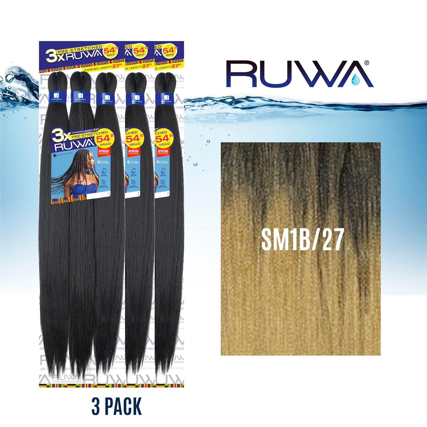 imageSensationnel Ruwa prestretched braiding hair 3x 54 inch water repellent kanekalon fast dry synthetic sports itch free 1 pack 1 JETBLACKSM1B27