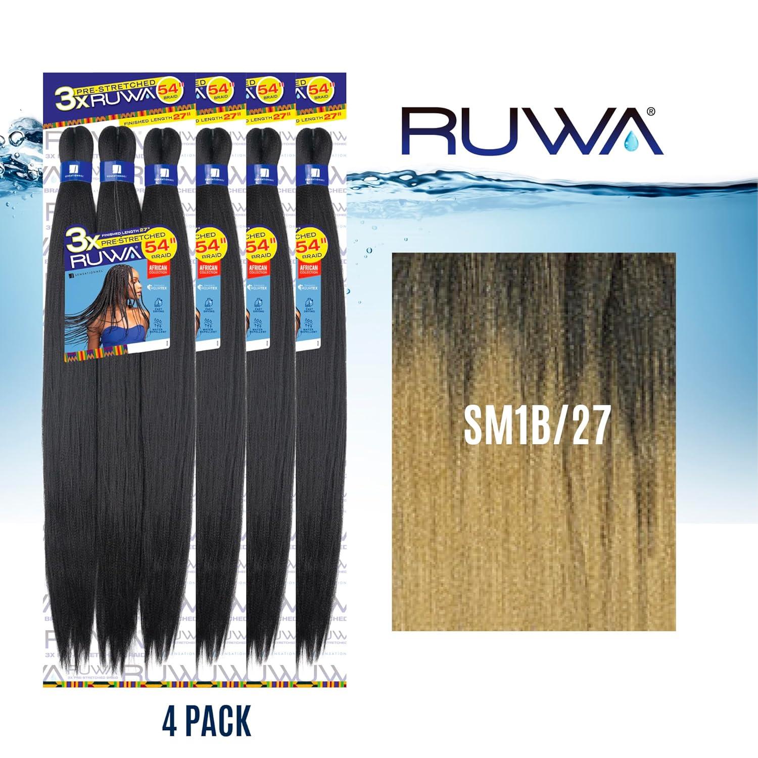 imageSensationnel Ruwa prestretched braiding hair 3x 54 inch water repellent kanekalon fast dry synthetic sports itch free 1 pack 1 JETBLACKSM1B27