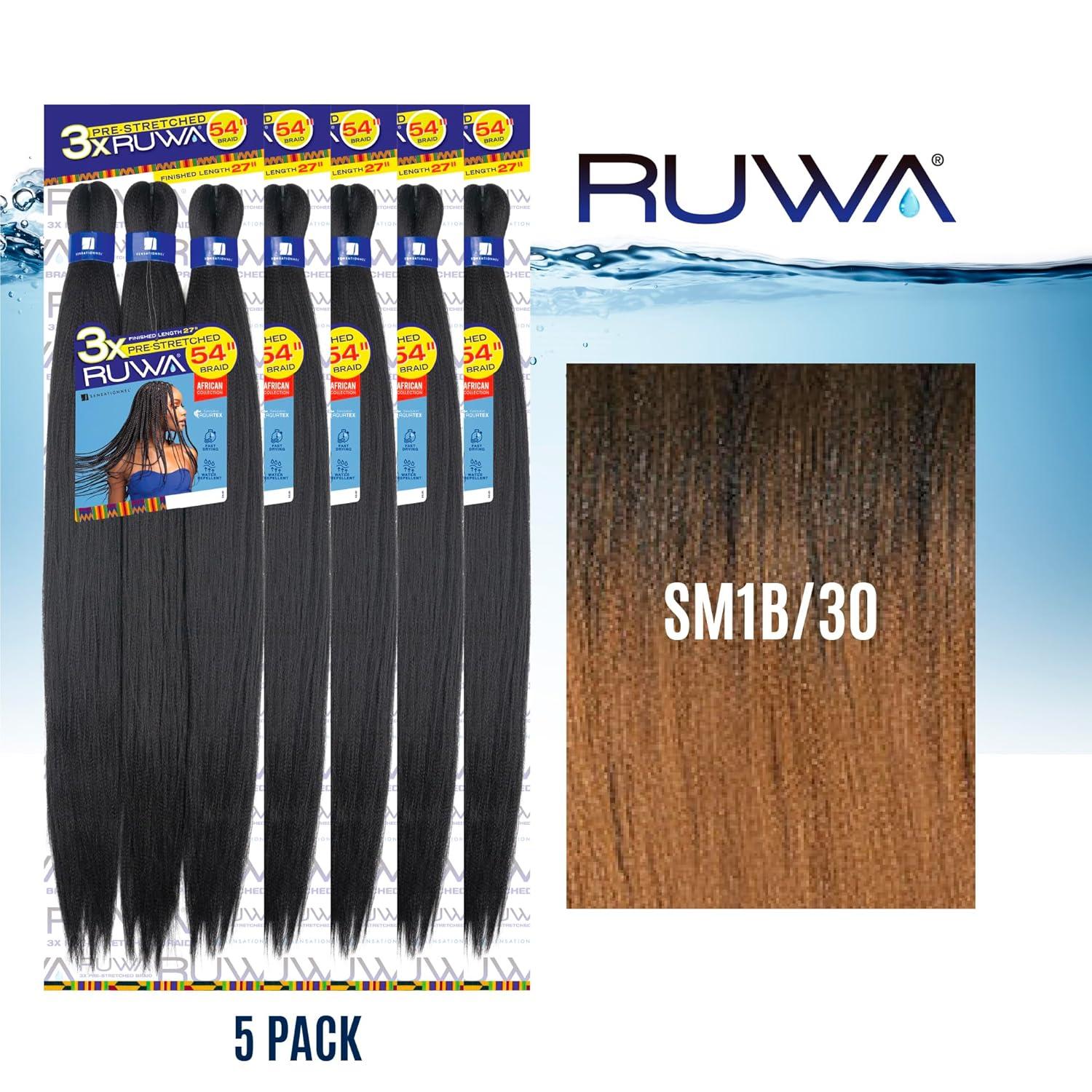 imageSensationnel Ruwa prestretched braiding hair 3x 54 inch water repellent kanekalon fast dry synthetic sports itch free 1 pack 1 JETBLACKSM1B30