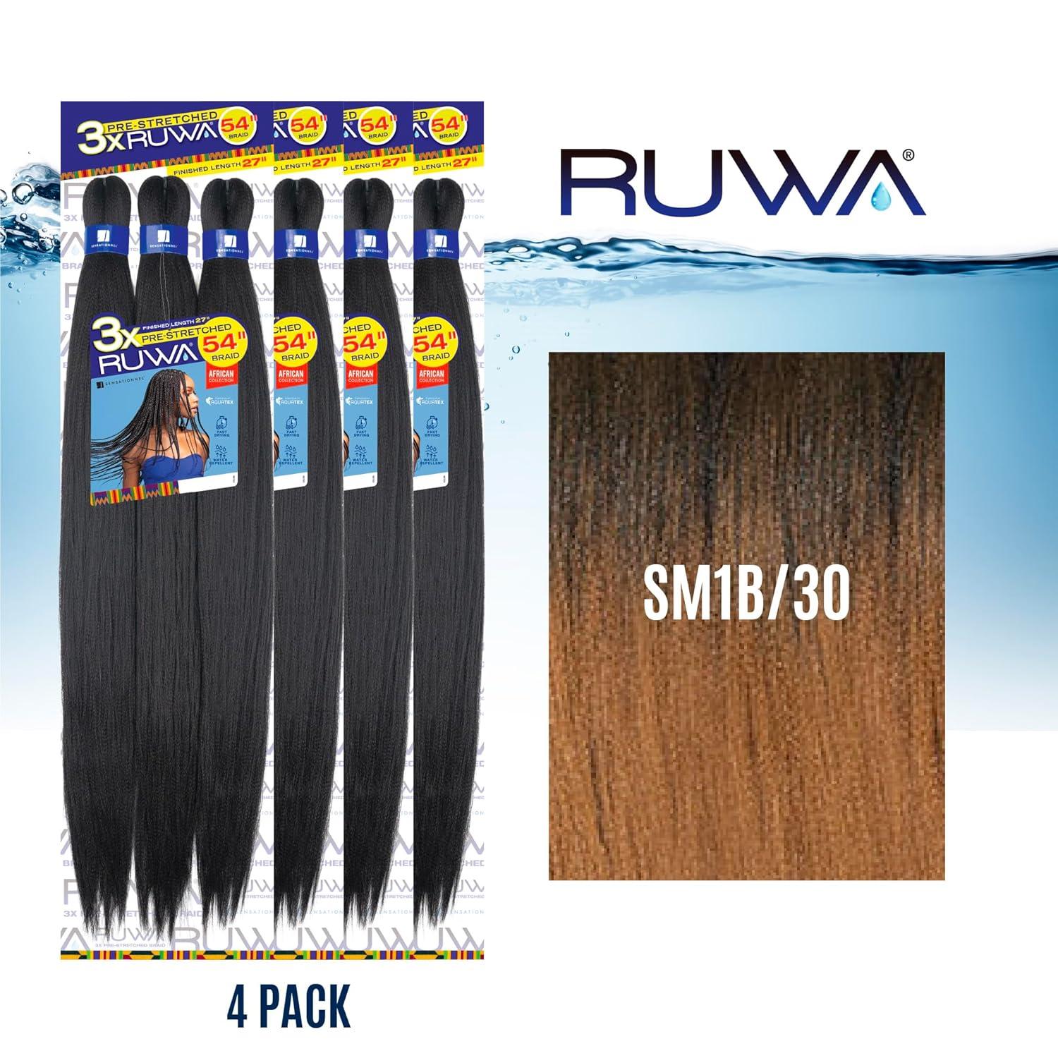 imageSensationnel Ruwa prestretched braiding hair 3x 54 inch water repellent kanekalon fast dry synthetic sports itch free 1 pack 1 JETBLACKSM1B30