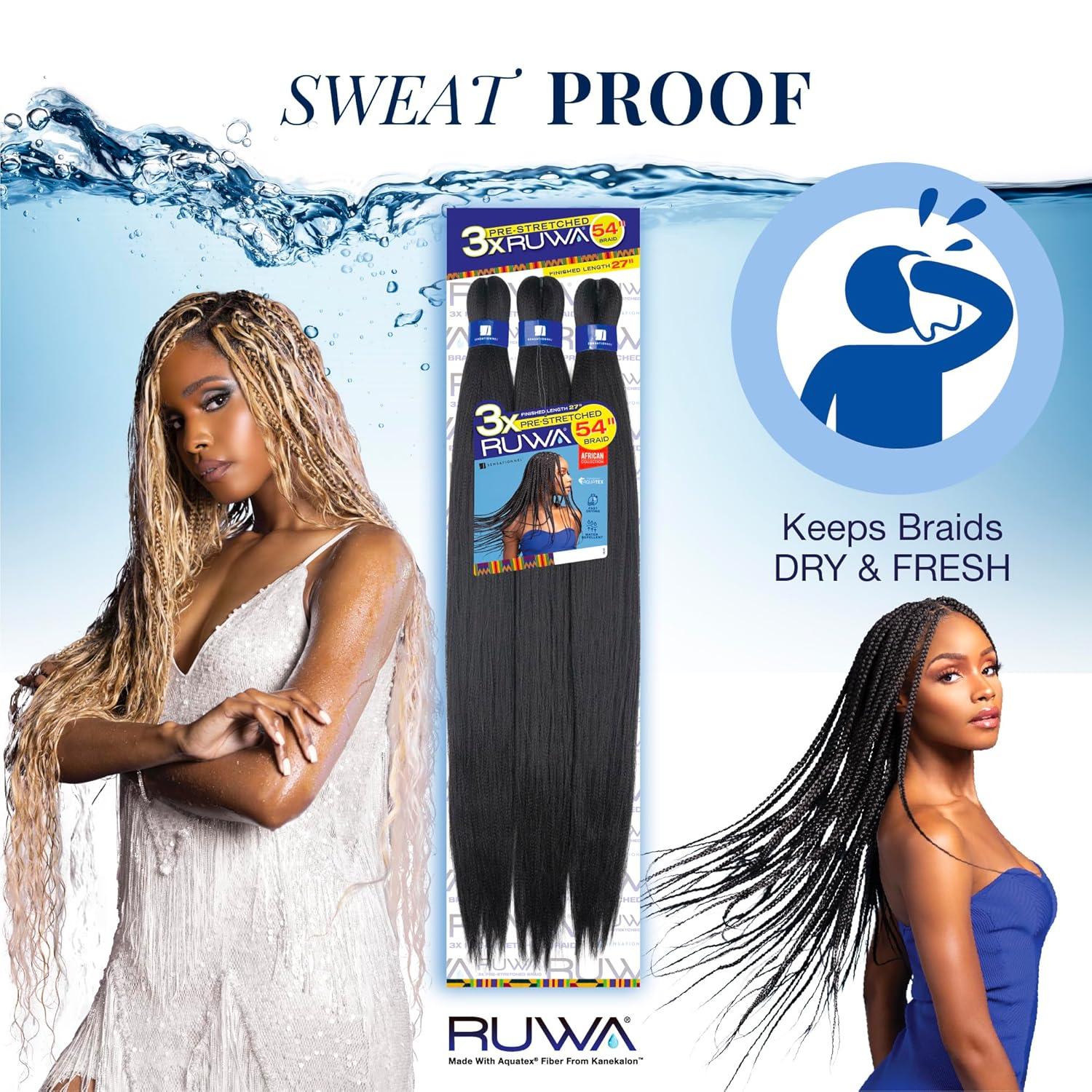 imageSensationnel Ruwa prestretched braiding hair 3x 54 inch water repellent kanekalon fast dry synthetic sports itch free 1 pack 1 JETBLACKSM1B350