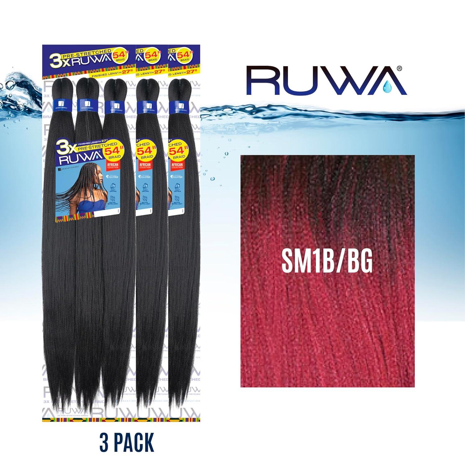 imageSensationnel Ruwa prestretched braiding hair 3x 54 inch water repellent kanekalon fast dry synthetic sports itch free 1 pack 1 JETBLACKSM1BBG