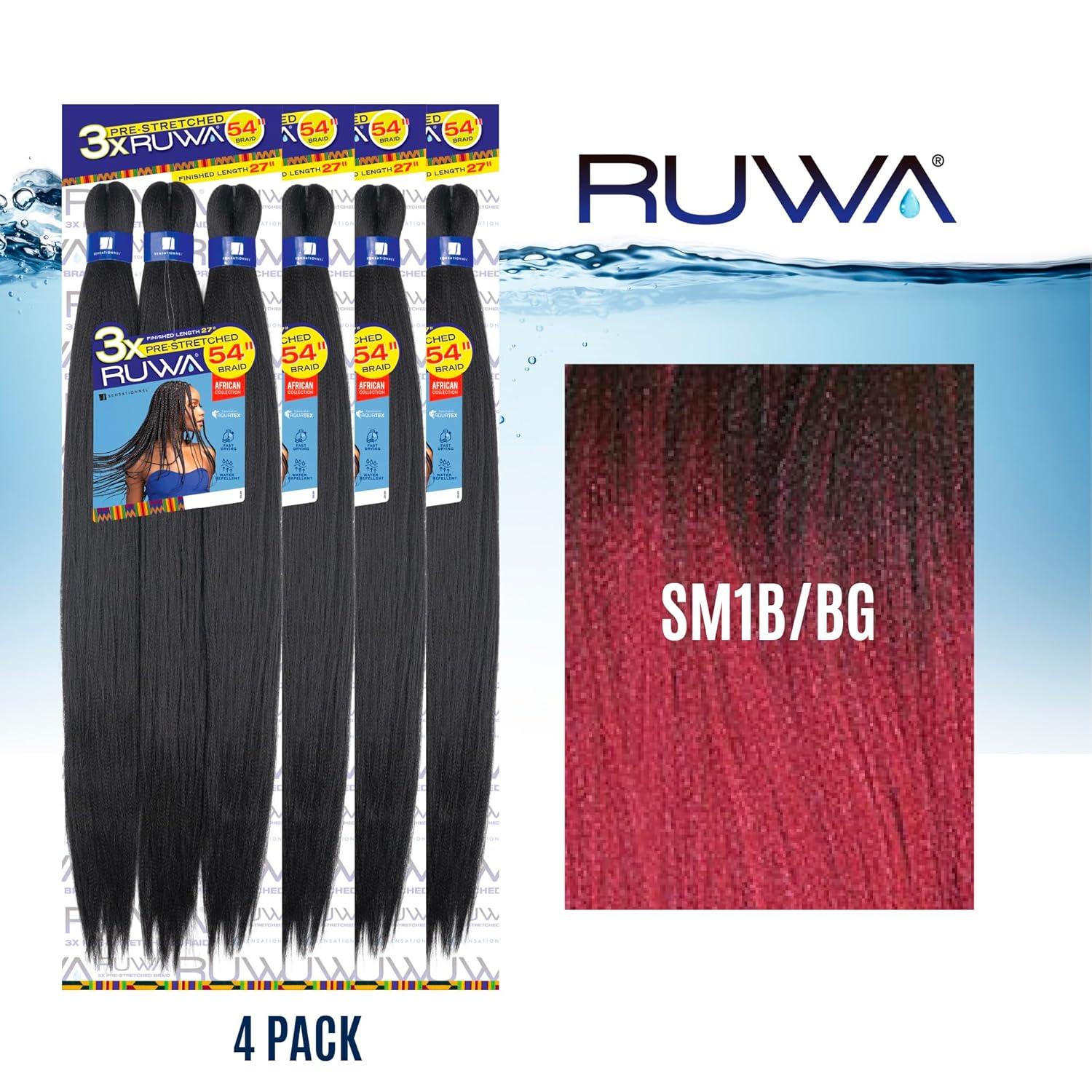 imageSensationnel Ruwa prestretched braiding hair 3x 54 inch water repellent kanekalon fast dry synthetic sports itch free 1 pack 1 JETBLACKSM1BBG
