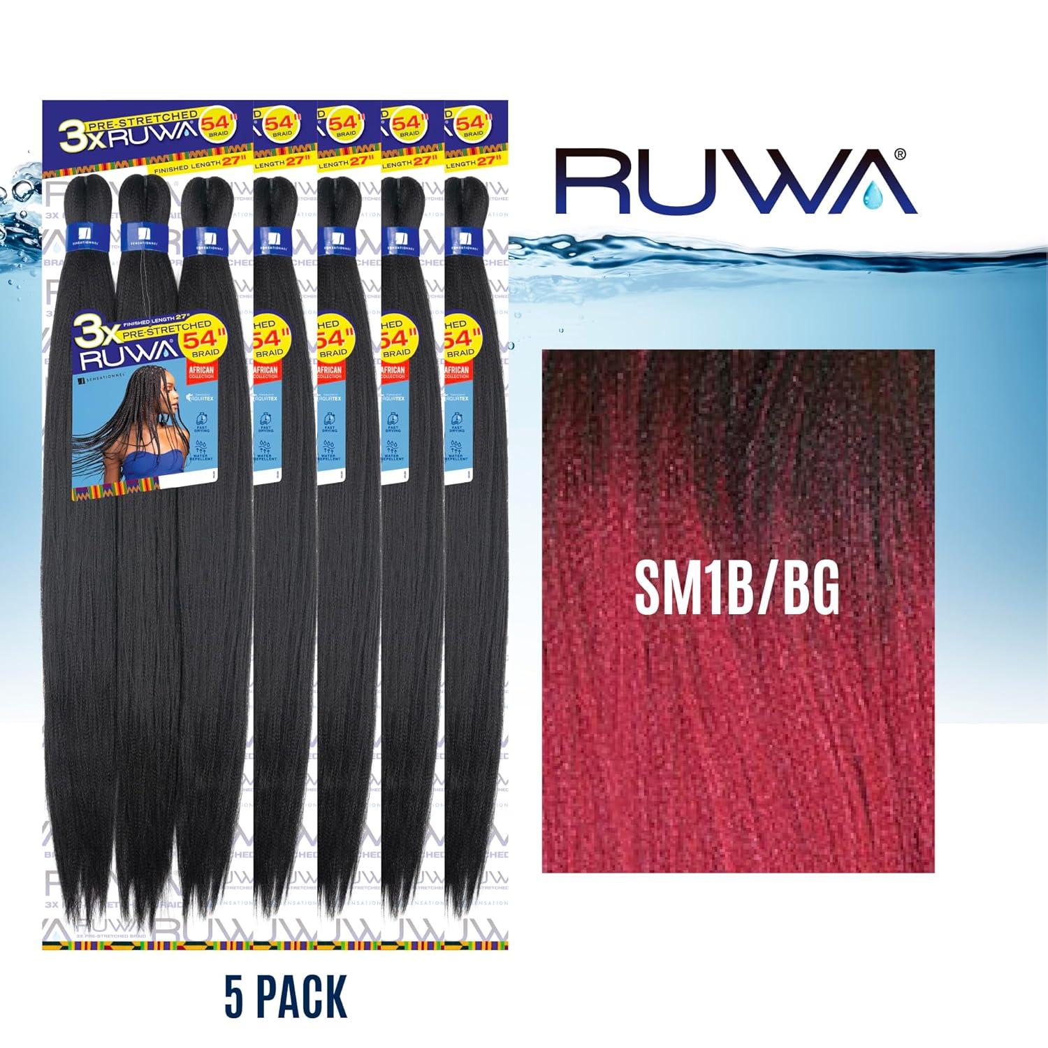 imageSensationnel Ruwa prestretched braiding hair 3x 54 inch water repellent kanekalon fast dry synthetic sports itch free 1 pack 1 JETBLACKSM1BBG