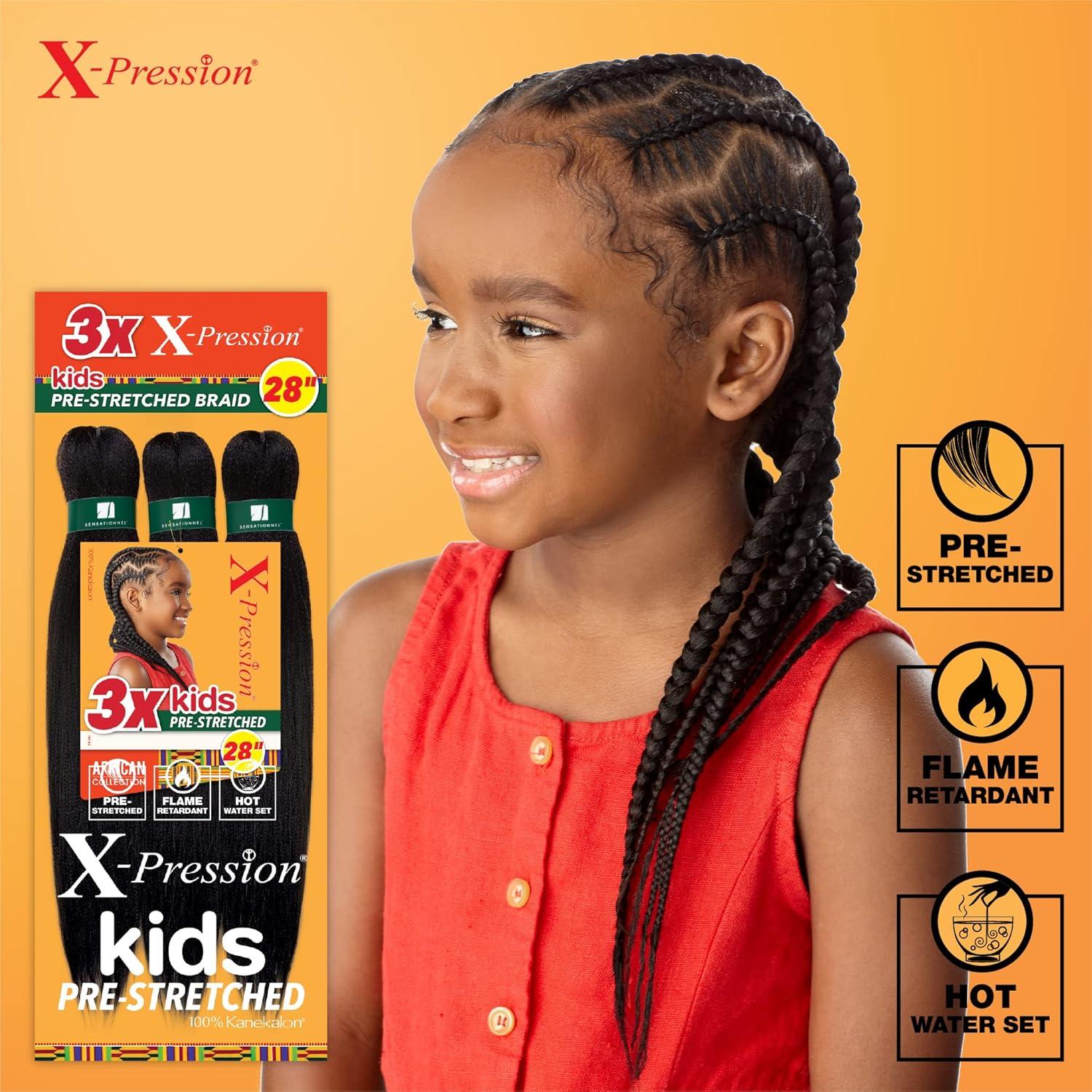 imageSensationnel XPression Prestretched Braiding Hair 3X Kids Braid 28 inch All Kanekalon Flame Retardant Synthetic Braid for Box Braids and Twists 1 pack 2 DARKBROWNSM1B30