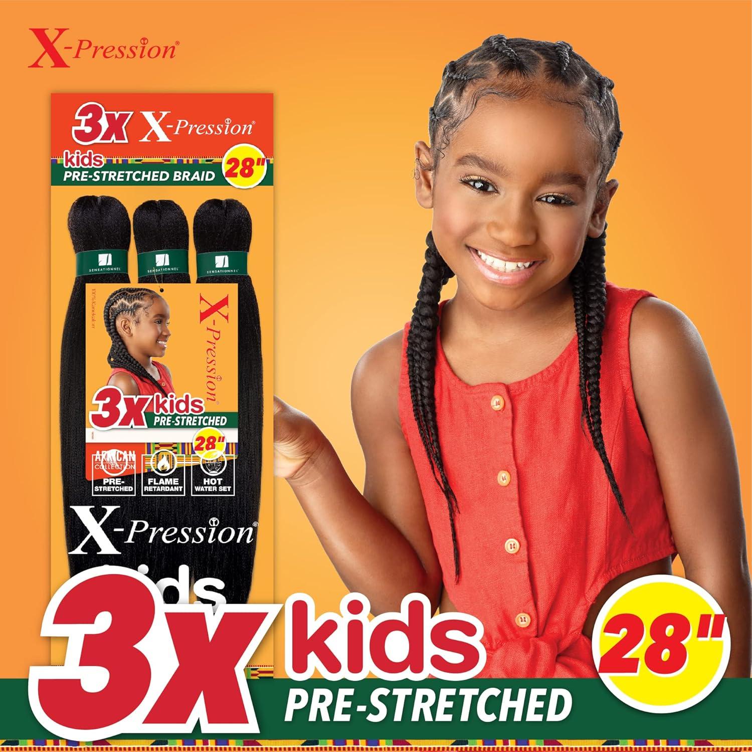 imageSensationnel XPression Prestretched Braiding Hair 3X Kids Braid 28 inch All Kanekalon Flame Retardant Synthetic Braid for Box Braids and Twists 1 pack 2 DARKBROWN2 DARKBROWN