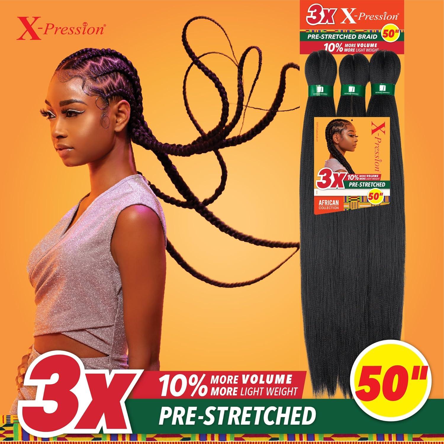imageSensationnel Xpression prestretched braiding hair 3x braid 50 inch all kanekalon flame retardant synthetic braid for box braids and twists 1 pack 1 JETBLACK30 LIGHTAUBURN