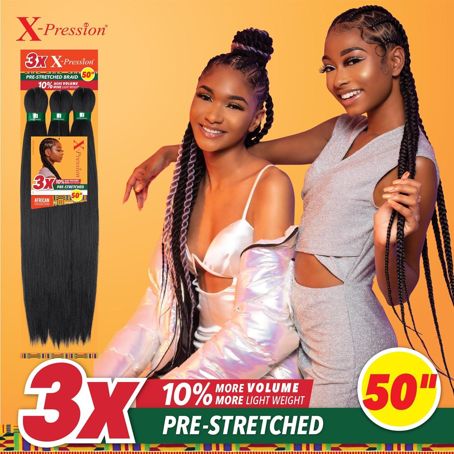 imageSensationnel Xpression prestretched braiding hair 3x braid 50 inch all kanekalon flame retardant synthetic braid for box braids and twists 1 pack 1 JETBLACKM44
