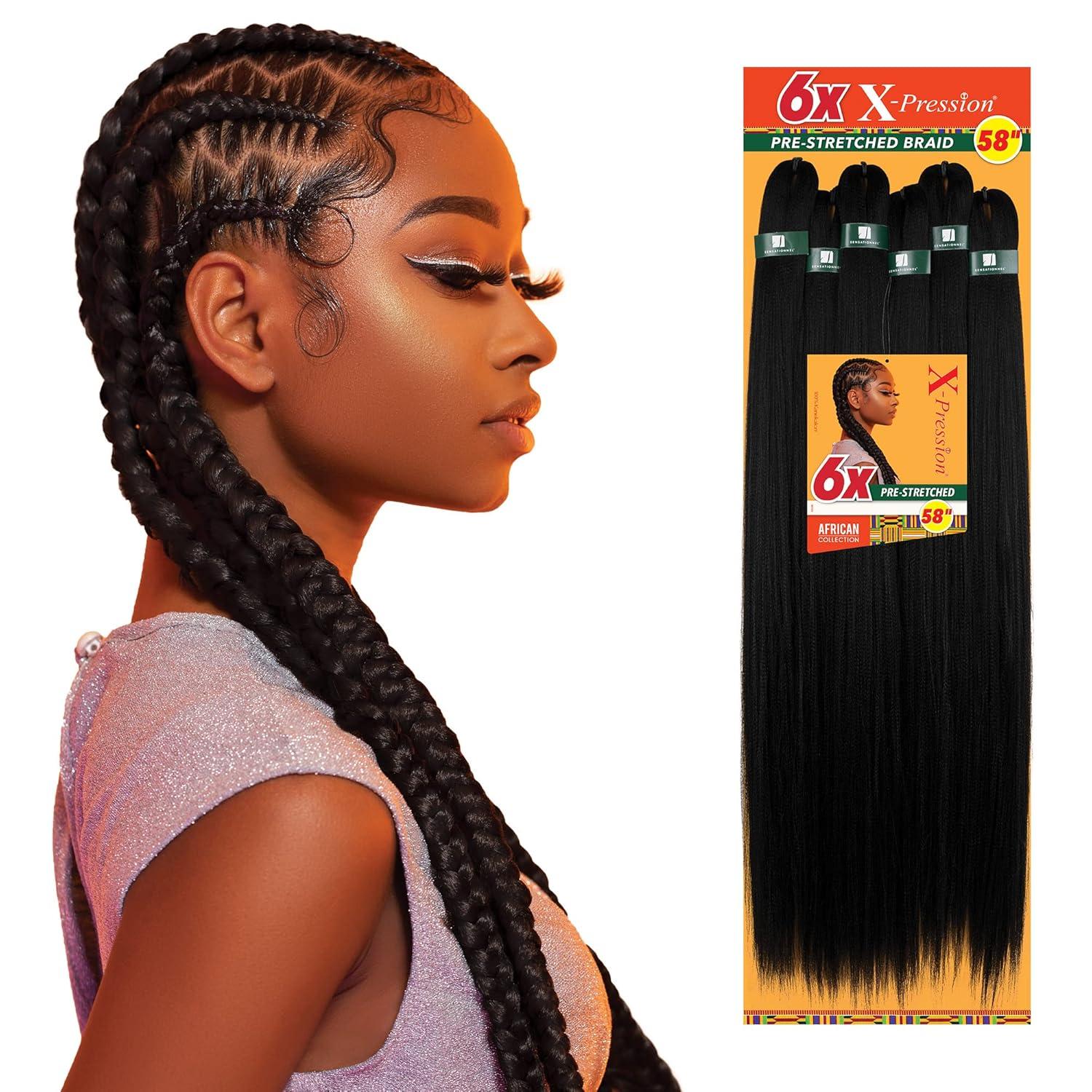 imageSensationnel Xpression prestretched braiding hair 6x braid 58 inch all kanekalon flame retardant synthetic braid for box braids and twists 1B OFFBLACKSM1B30
