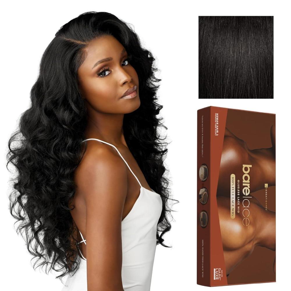 imageSensationnel Bare Lace Fulllace Wig  Unit 4 Human Hair Blend All Lacefrontal Glueless Synthetic 180 Degree Preplucked Hairline 1 JETBLACK1B OFFBLACK