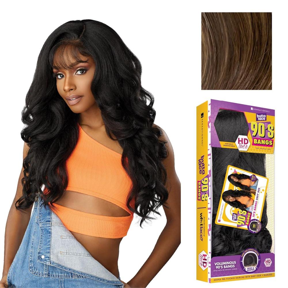imageSensationnel Butta Lace 90Sbangs Wigs Unit 906 Glueless Wide Deep Part Synthetic Preplucked Hairline 1 JETBLACKLIGHTASHBROWN