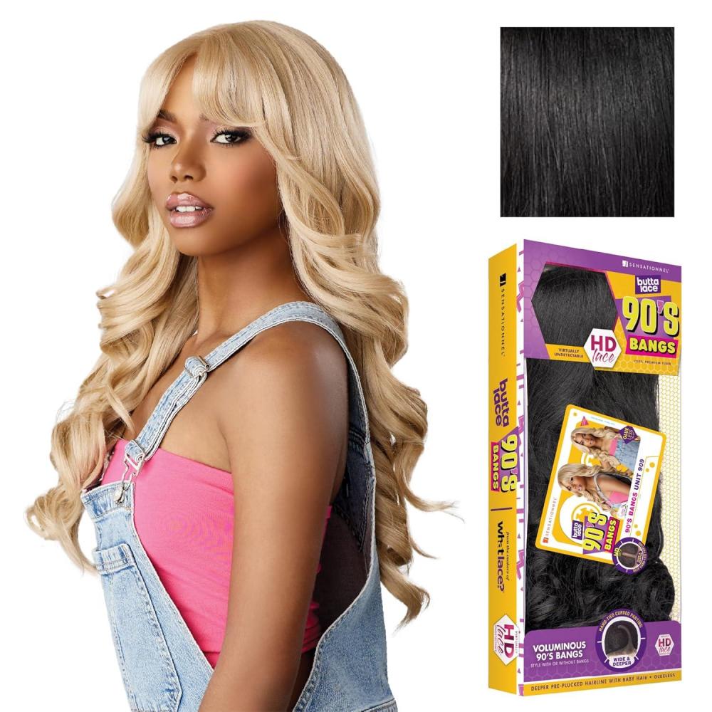 imageSensationnel Butta Lace 90Sbangs Wigs  Unit 909 Glueless Wide Deep Part Synthetic Preplucked Hairline BALAYAGEMOCHA1 JETBLACK