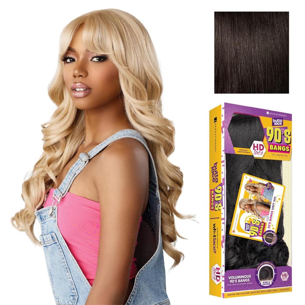 imageSensationnel Butta Lace 90Sbangs Wigs Unit 909 Glueless Wide Deep Part Synthetic Preplucked Hairline BALAYAGEMOCHA2 DARKBROWN