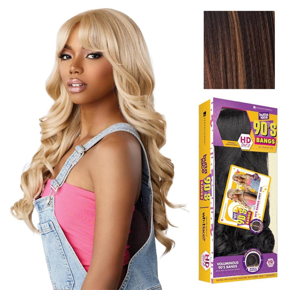 imageSensationnel Butta Lace 90Sbangs Wigs Unit 909 Glueless Wide Deep Part Synthetic Preplucked Hairline BALAYAGEMOCHABALAYAGECHOCOLATE