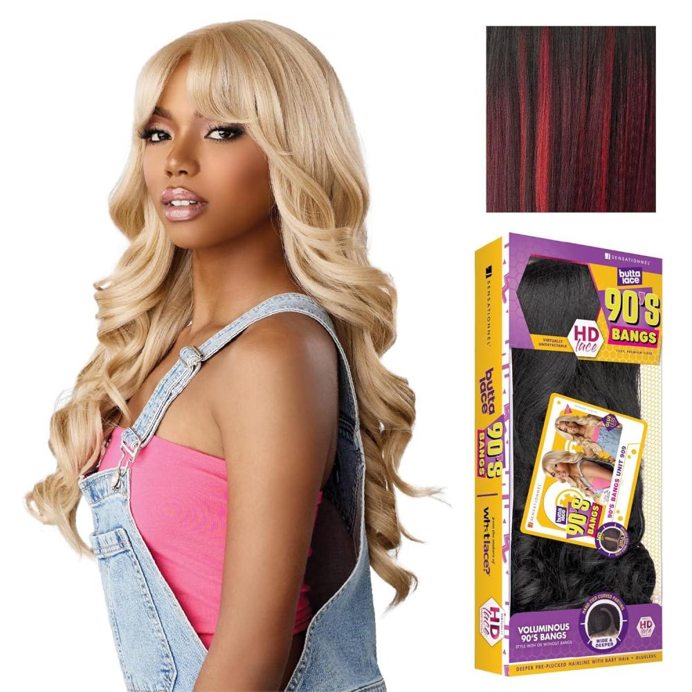 imageSensationnel Butta Lace 90Sbangs Wigs Unit 909 Glueless Wide Deep Part Synthetic Preplucked Hairline BALAYAGEMOCHABALAYAGEFIERYRED