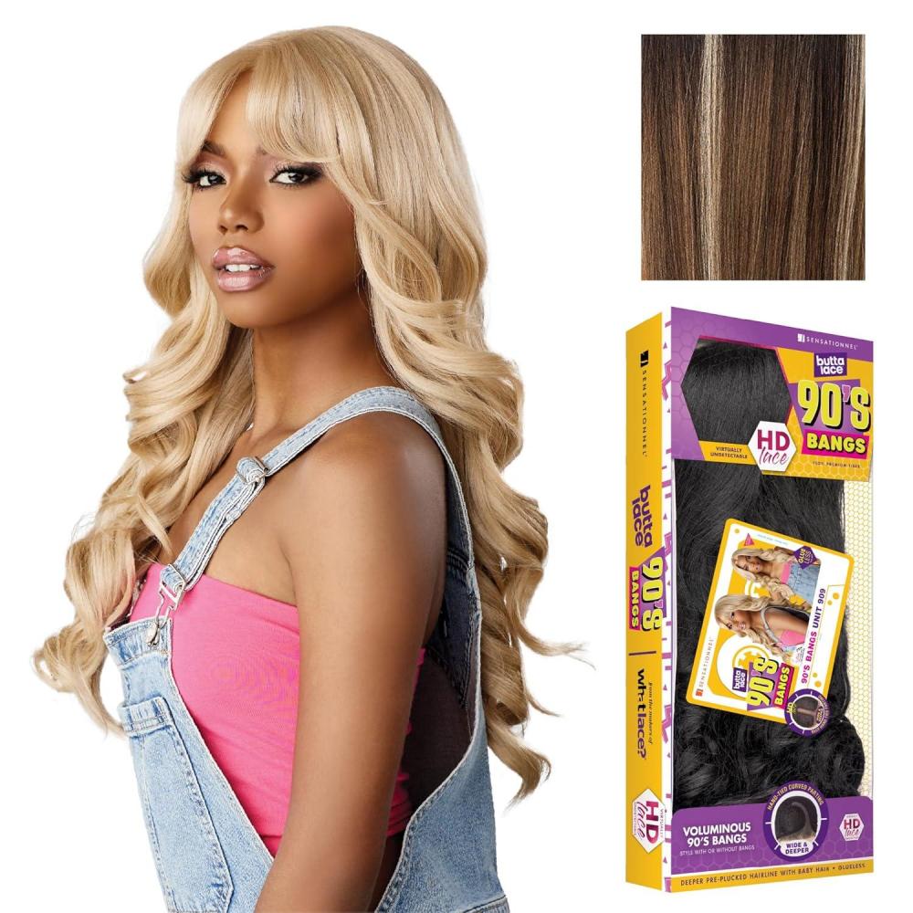 imageSensationnel Butta Lace 90Sbangs Wigs Unit 909 Glueless Wide Deep Part Synthetic Preplucked Hairline BALAYAGEMOCHABALAYAGEMOCHA