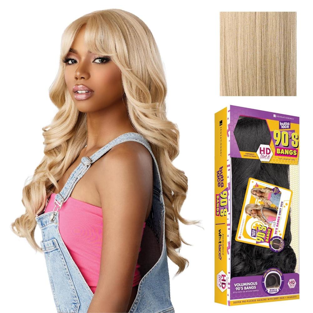 imageSensationnel Butta Lace 90Sbangs Wigs Unit 909 Glueless Wide Deep Part Synthetic Preplucked Hairline BALAYAGEMOCHABEIGEBLONDE