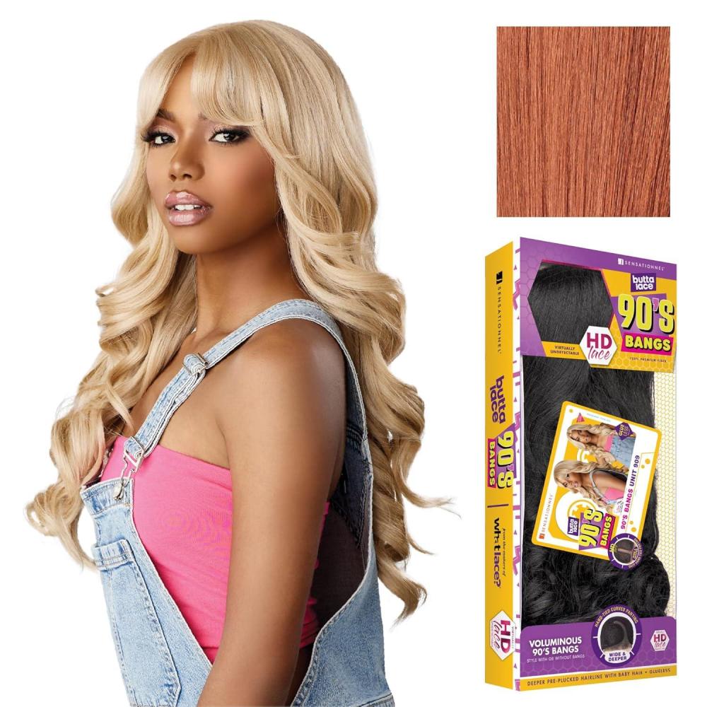 imageSensationnel Butta Lace 90Sbangs Wigs Unit 909 Glueless Wide Deep Part Synthetic Preplucked Hairline BALAYAGEMOCHACHOCOLATECOPPER