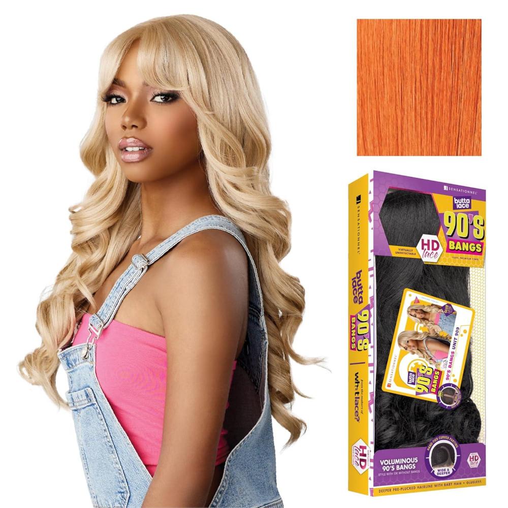imageSensationnel Butta Lace 90Sbangs Wigs Unit 909 Glueless Wide Deep Part Synthetic Preplucked Hairline BALAYAGEMOCHACINNAMONCOPPER