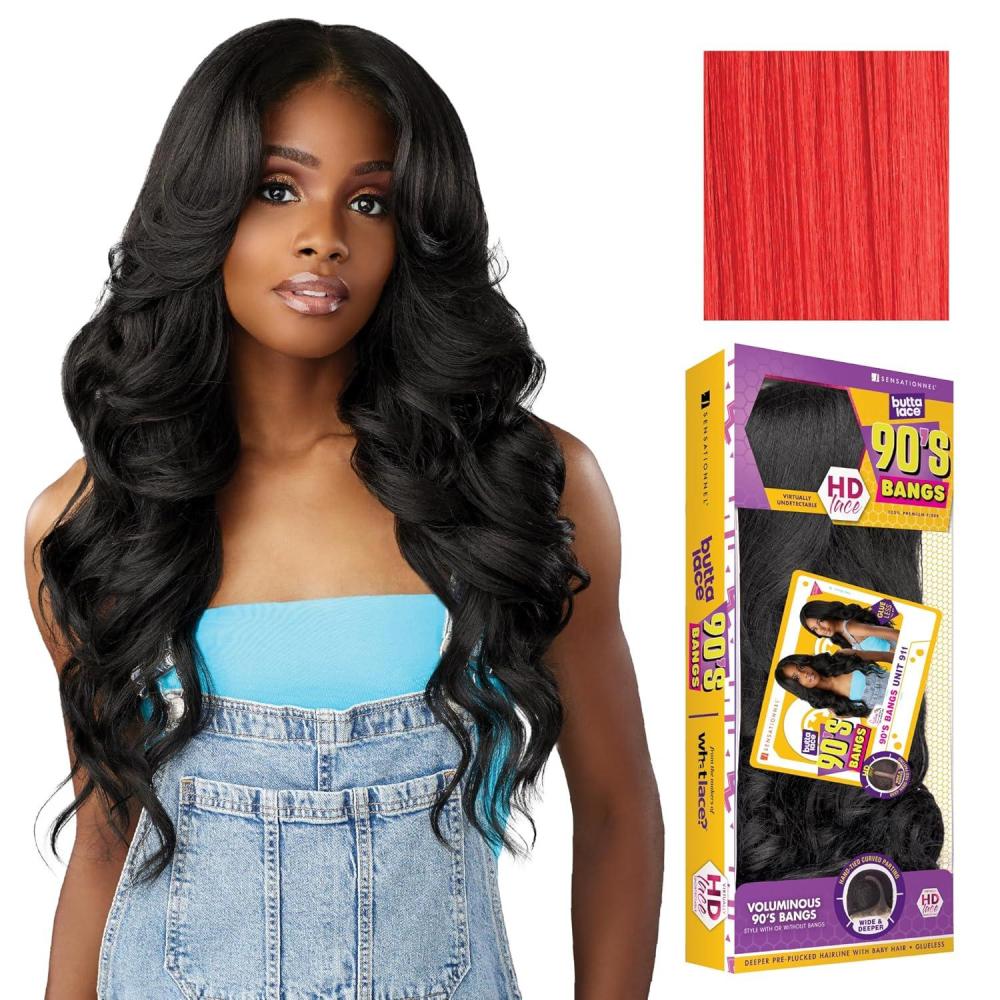 imageSensationnel Butta Lace 90Sbangs Wigs Unit 911 Glueless Wide Deep Part Synthetic Preplucked Hairline 1 JETBLACKAPPLERED