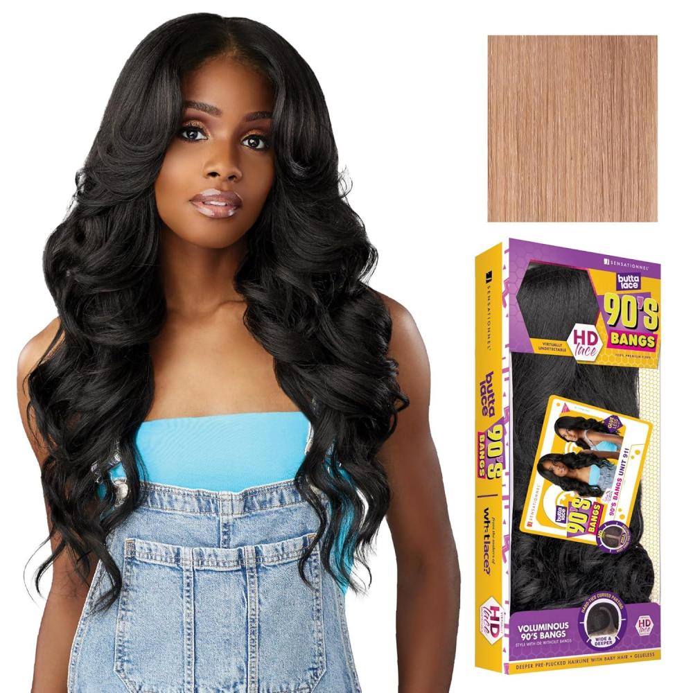 imageSensationnel Butta Lace 90Sbangs Wigs  Unit 911 Glueless Wide Deep Part Synthetic Preplucked Hairline 1 JETBLACKASHPEACHBLONDE