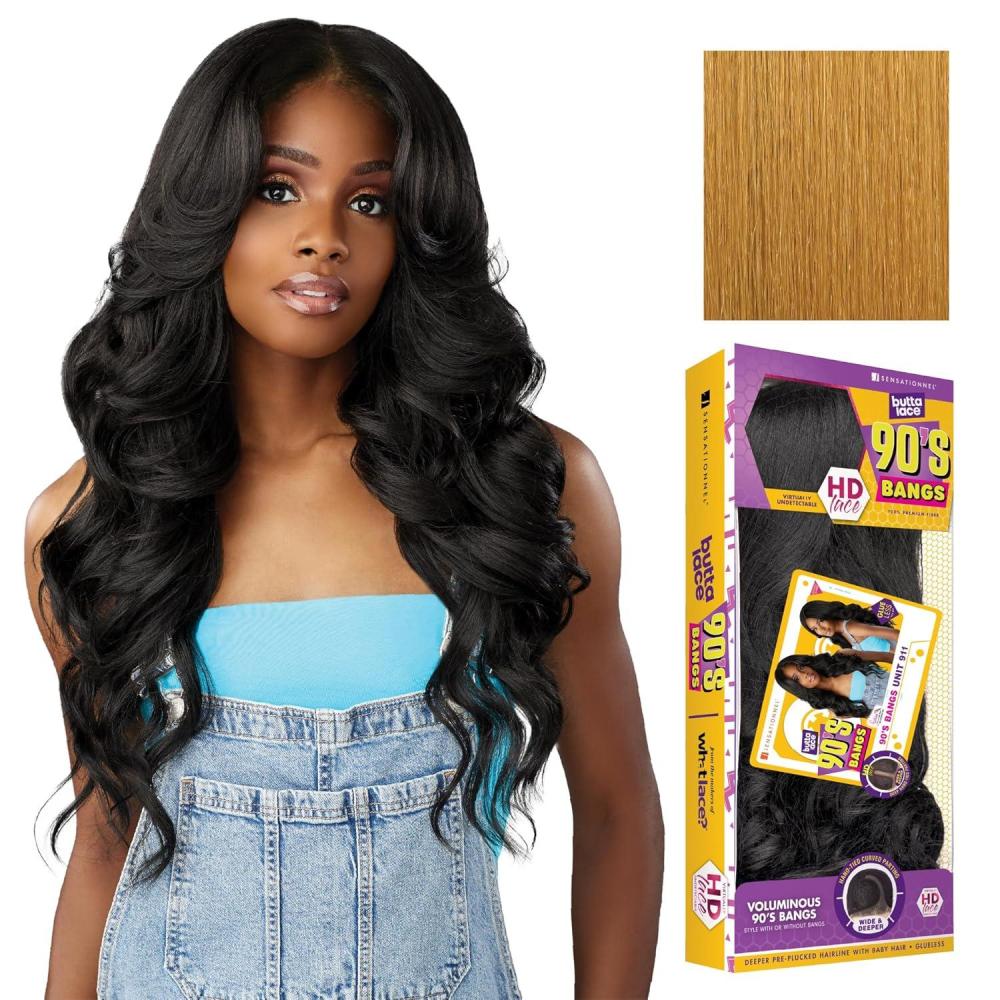 imageSensationnel Butta Lace 90Sbangs Wigs Unit 911 Glueless Wide Deep Part Synthetic Preplucked Hairline 1 JETBLACKSUNFLOWERBLONDE
