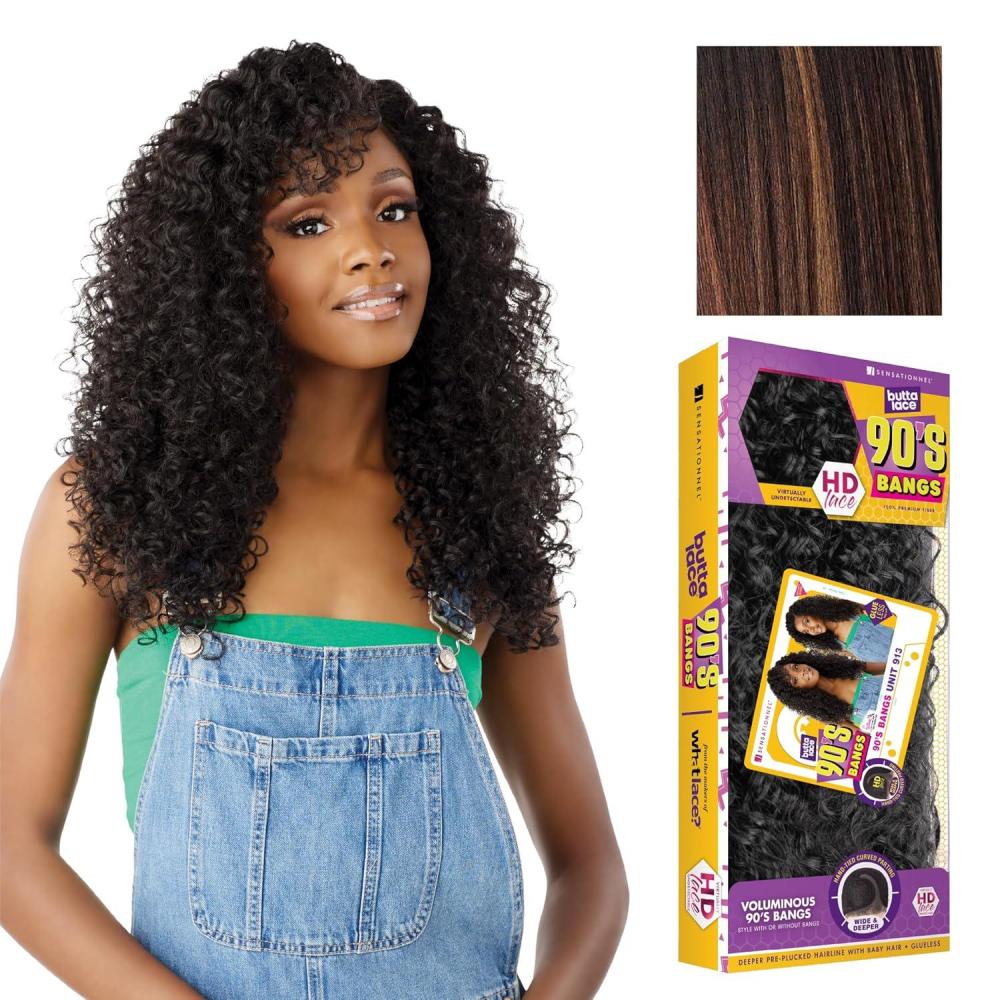 imageSensationnel Butta Lace 90Sbangs Wigs Unit 913 Glueless Wide Deep Part Synthetic Preplucked Hairline 1 JETBLACKBALAYAGECHOCOLATE