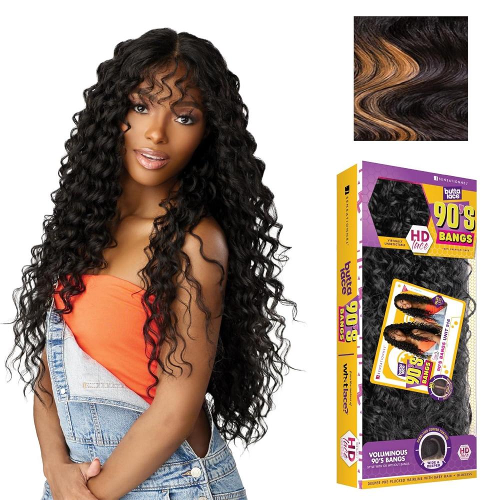 imageSensationnel Butta Lace 90Sbangs Wigs Unit 916 Glueless Wide Deep Center Part Synthetic Preplucked Hairline 1 JETBLACKBALAYAGEGOLD