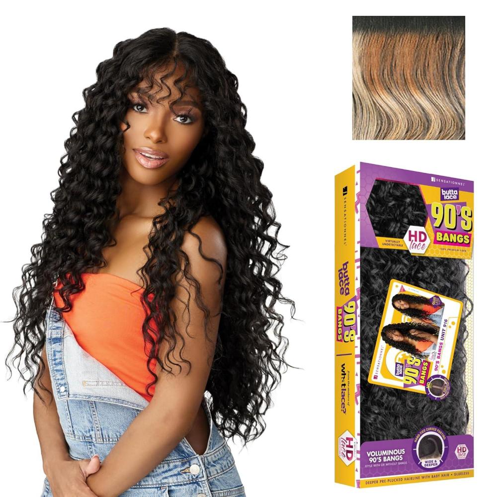imageSensationnel Butta Lace 90Sbangs Wigs Unit 916 Glueless Wide Deep Center Part Synthetic Preplucked Hairline 1 JETBLACKBALAYAGESUNKISSED