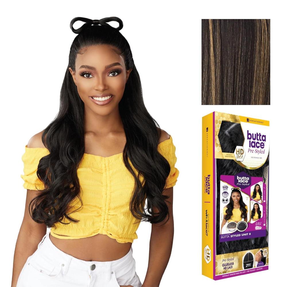 imageSensationnel Butta Lace Prestyled Wigs Unit 8 Glueless 13x4 Hand Tied Deep Lace Part Synthetic Preplucked Hairline 1 JETBLACKBALAYAGEGOLD