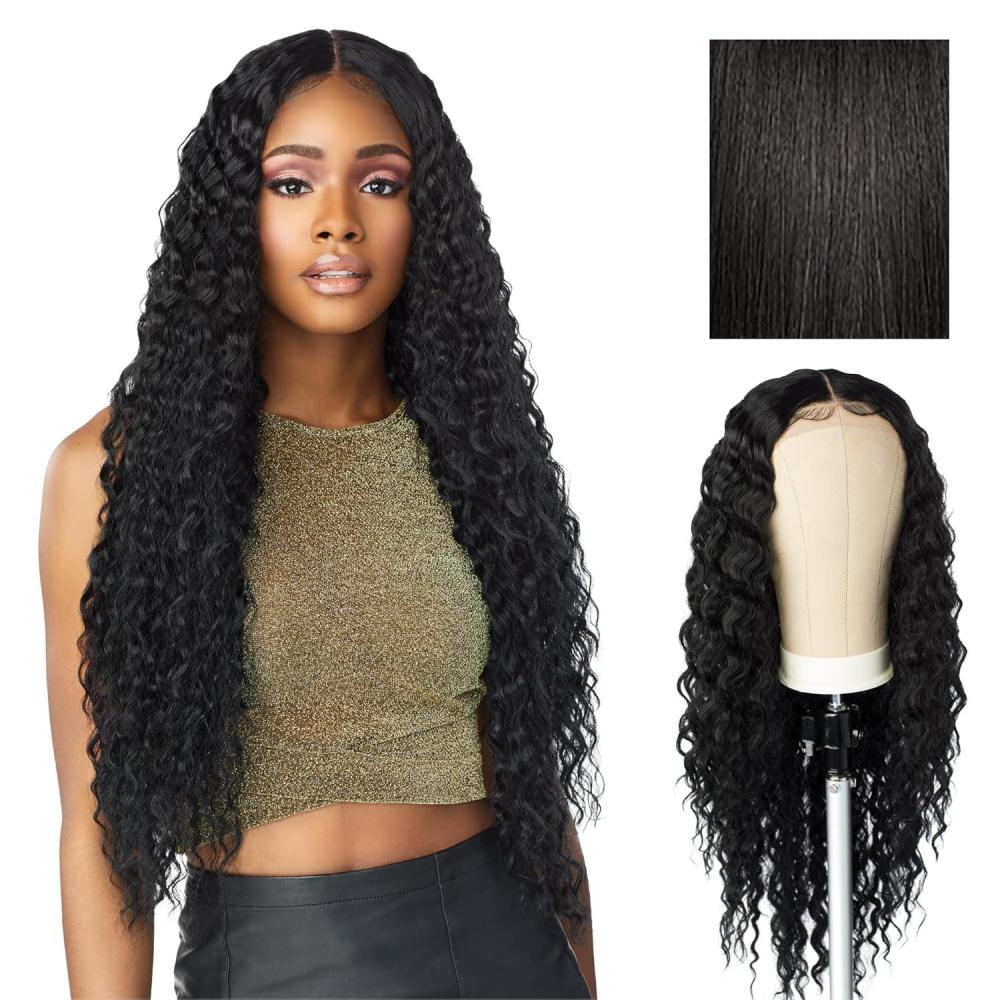 imageSensationnel Butta Lace Wigs Unit 3 Extra Wide 5 Inch Deep Parting Synthetic Preplucked Hairline Glueless Lacefront Jet Black 11B OFFBLACK