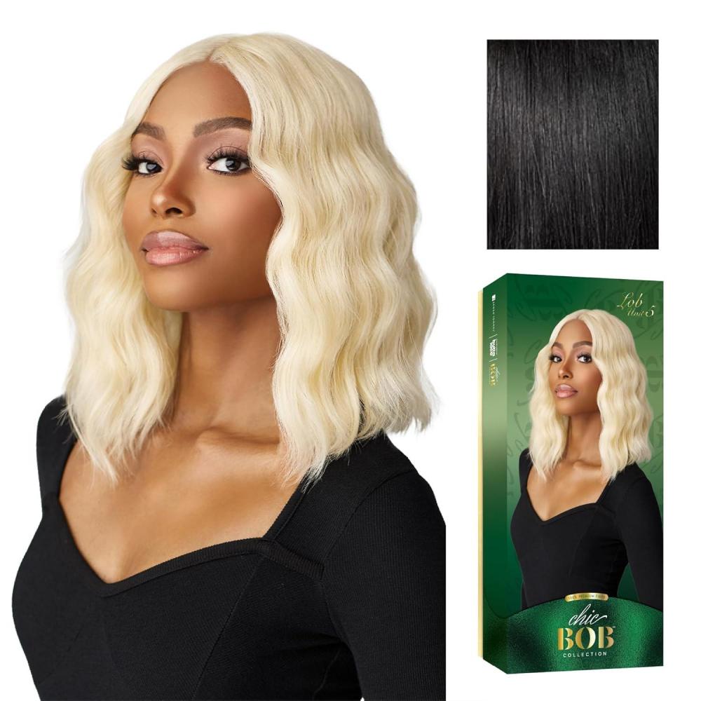 imageSensationnel Chicbob Lace Frontwig  Lob Unit 5 Face Framing Glueless Wig Wide 5 Inch Deep Part Synthetic Preplucked Hairline 613 BLONDE1 JETBLACK