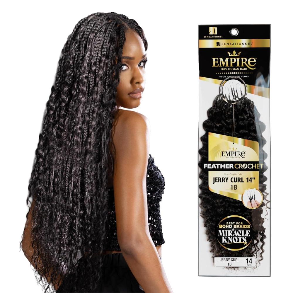 imageSensationnel Empire Feather Crochet Braiding Hair Jerry Curl Human Hair for Boho Braids amp Miracle Knots PreSeparated Strands 14 inch 1 JETBLACK1B OFFBLACK