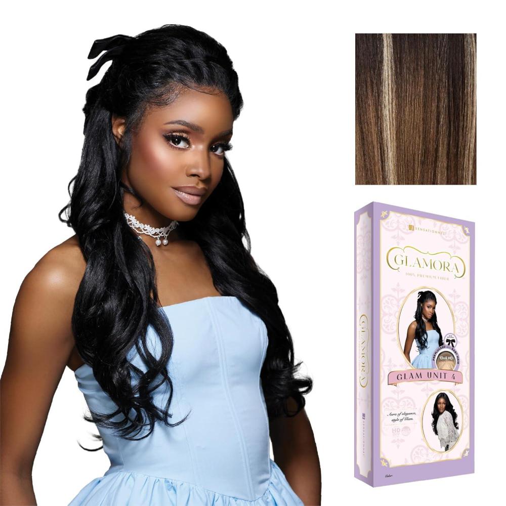 imageSensationnel Glamora Lace Front Wig Glam Unit 4 Glueless 13x4 Laceparting Ready to Wear Synthetic Preplucked Hairline BALAYAGEGOLDBALAYAGEMOCHA