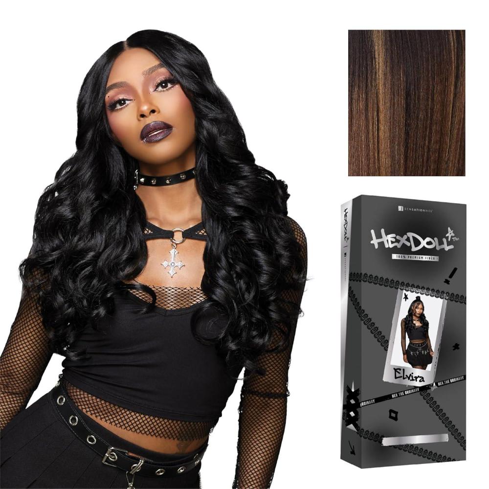 imageSensationnel HexDoll 13X4 Lace Wig  Elvira Lacefrontal Glueless Synthetic with Natural Density Preplucked Hairline 1 JETBLACKBALAYAGEHAZELNUT